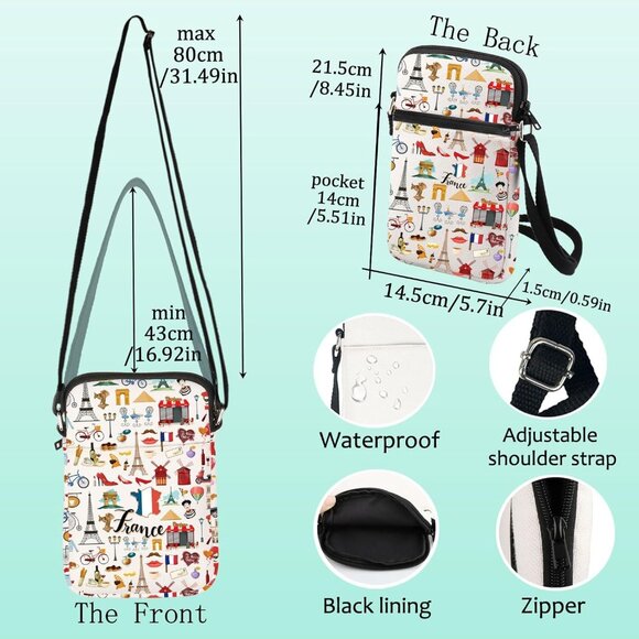 France Paris Landmarks Cross Body Shoulder Bag for Women Unisex Souvenir Gift - Picture 2 of 7